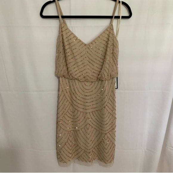 NEW Adrianna‎ Papell Sequin Mesh Blouson Dress in Champagne Gold [SZ 12 ] - Picture 4 of 9